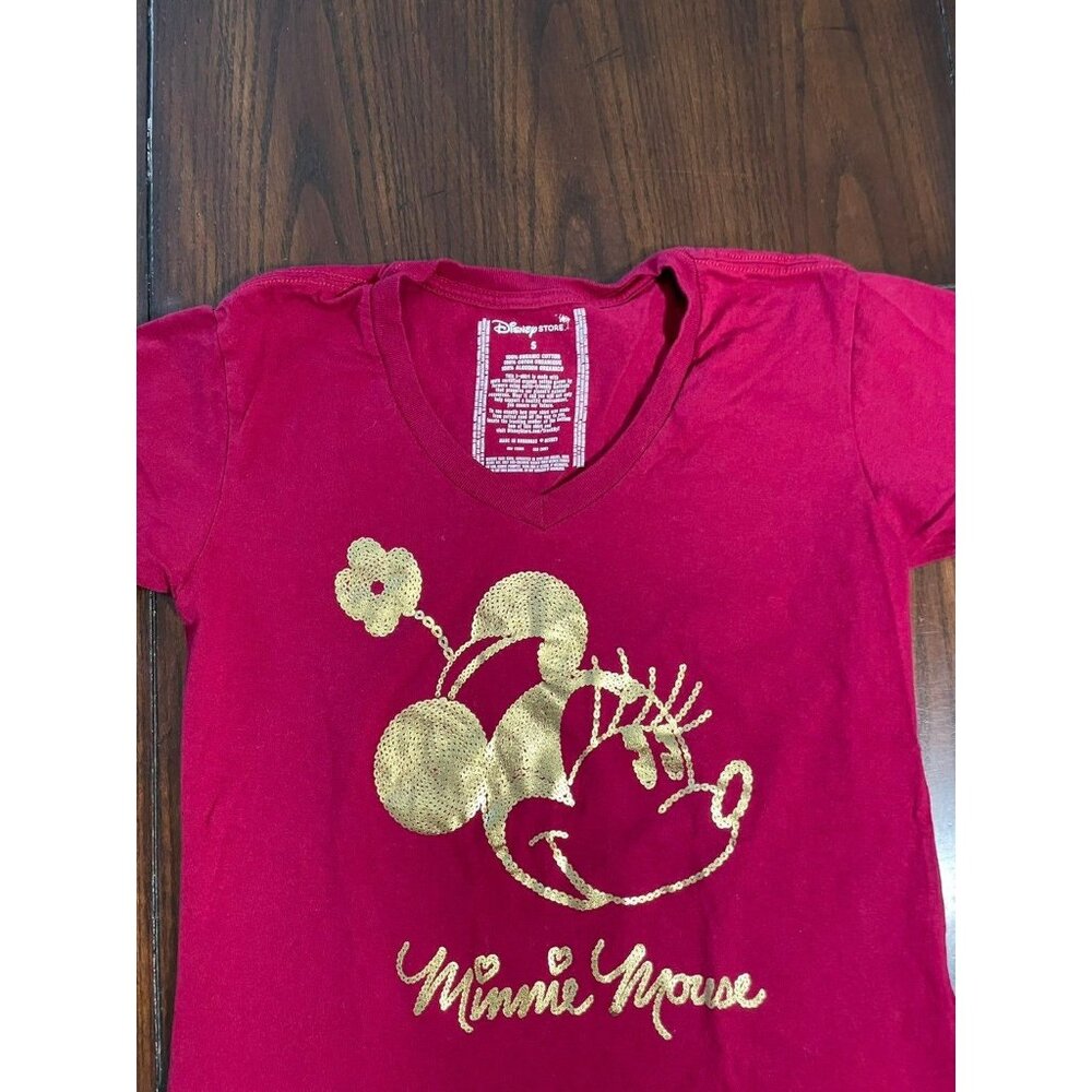 Disney Store Red Gold Minnie Mouse V-neck Womens Fitted Graphic T-shirt S - Picture 3 of 5
